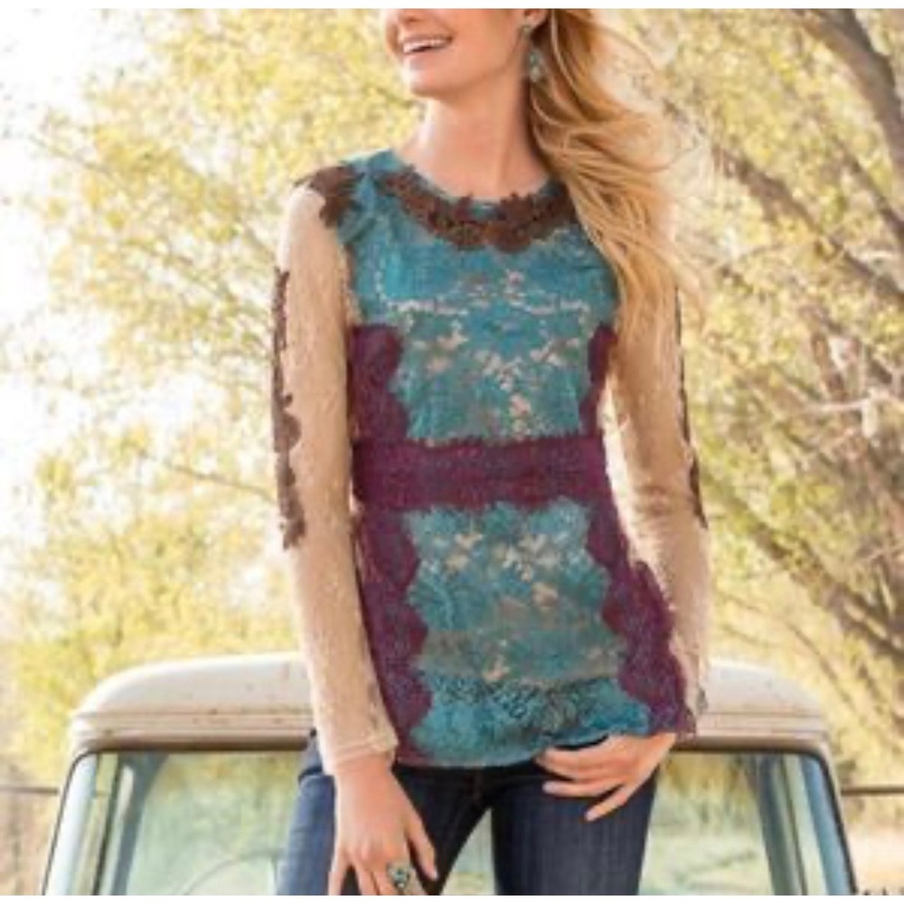 Sundance Floral Lace‎ Patchwork Semisheer Long Sleeve Top Teal Plum Size 8 Fairy